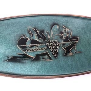 Vintage Mid-Century Metal Tray Oppenheim Hand Made Israel Fruit Bowl Grapes Wine